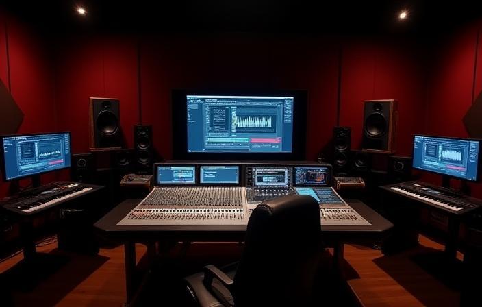 Sala de controle com grande mesa de mixagem.