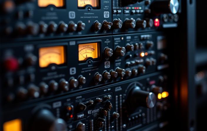 Close-up de rack de equipamento de áudio high-end.
